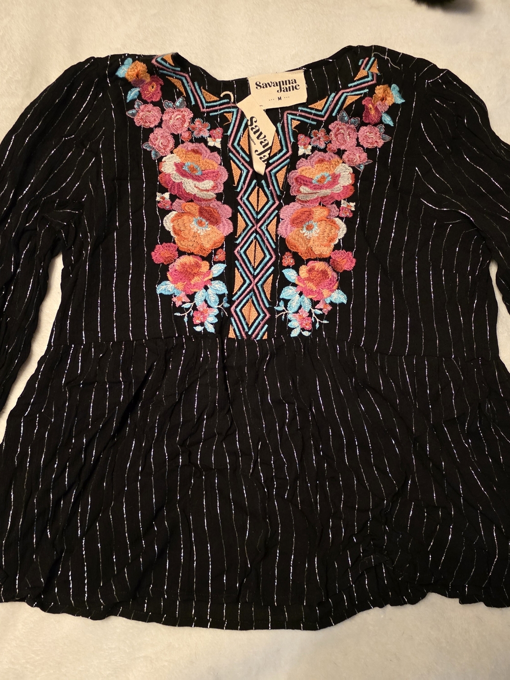 Savanna Jane Black Embroidered Floral V-Neck Peasant Top
